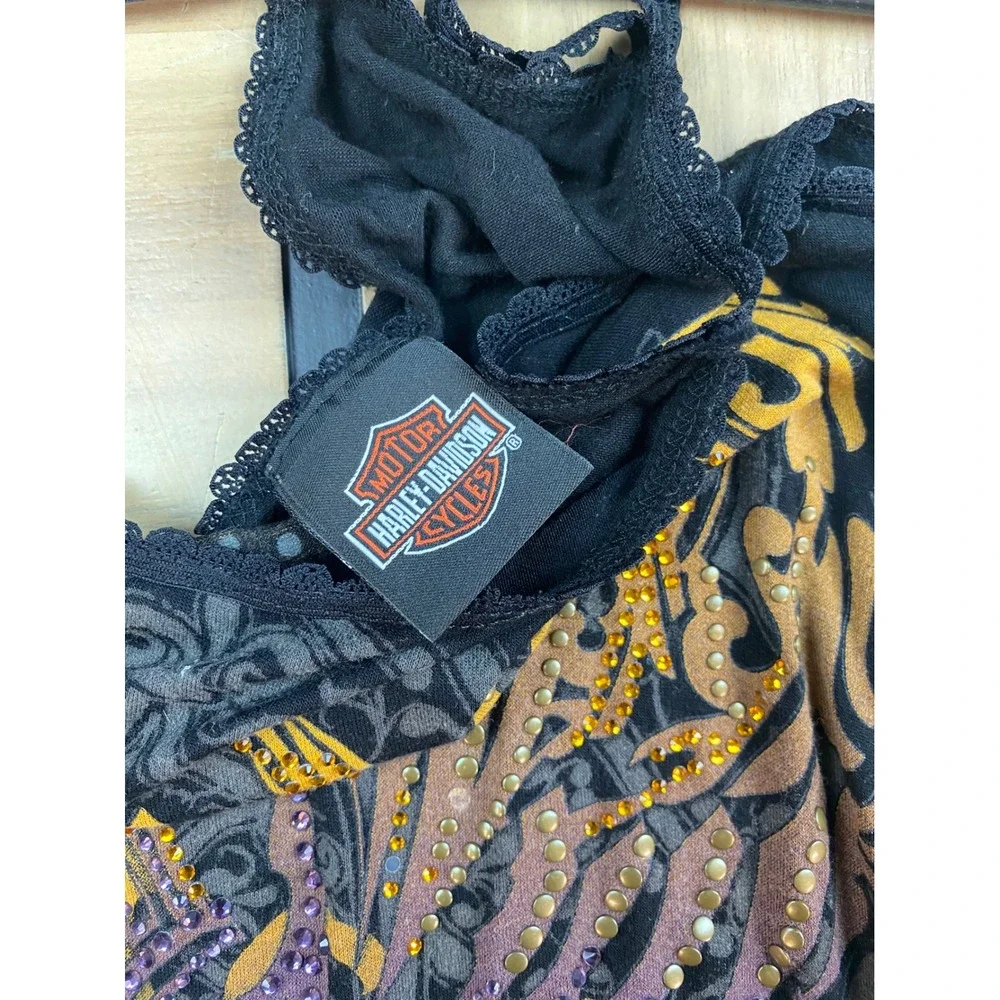 Harley-Davidson Womens Embellished Graphic Tank Top Black Lace Trim Studded XL - Picture 4 of 5